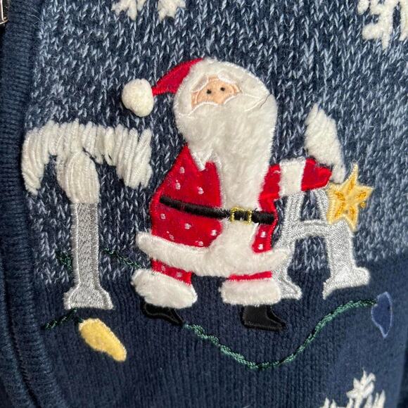 Navy blue vintage Christmas Zip Up Sweater with Santa Claus & snowflakes - Picture 8 of 8
